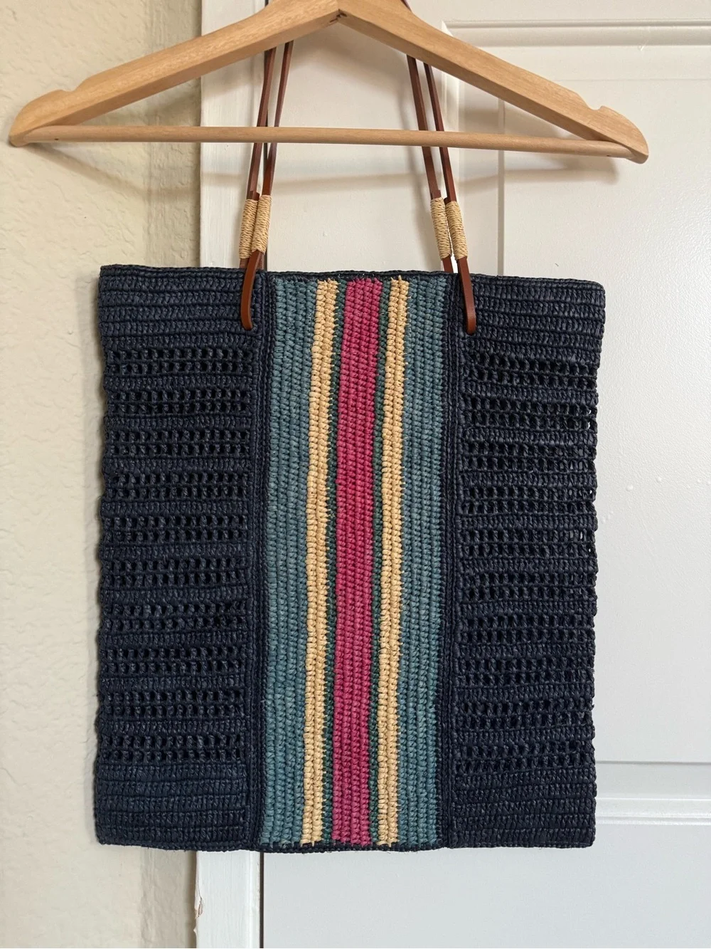 Sezane Francisco Basket Bag - Raffia - Navy with Stripes - Leather Handles